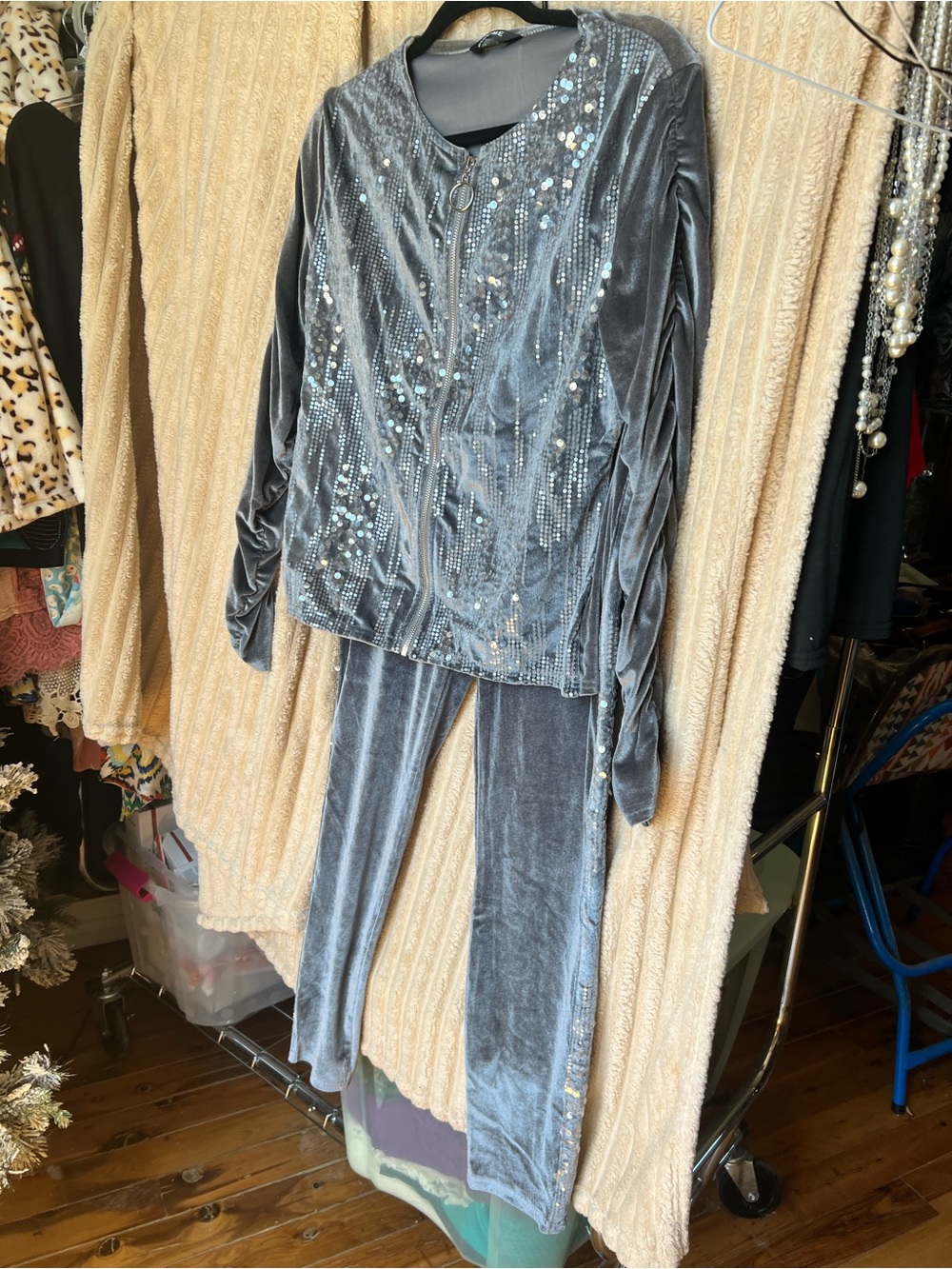 ChicMe Silver Gray Sequin Zip-Front Top and matching pants